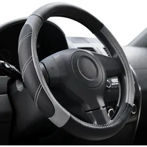 Leather Steering Wheel Cover 14 1/2 inch to 15 inch Universal, Padded Soft Grip Breathable for   SUV , Anti Slip Odorless Black and Gray