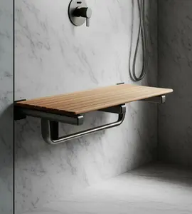360 Stand Modern Moldproof 14x30x16 in. Brown Teak Rectangular Wall Mount Indoor Shower Stool, Teak Wood