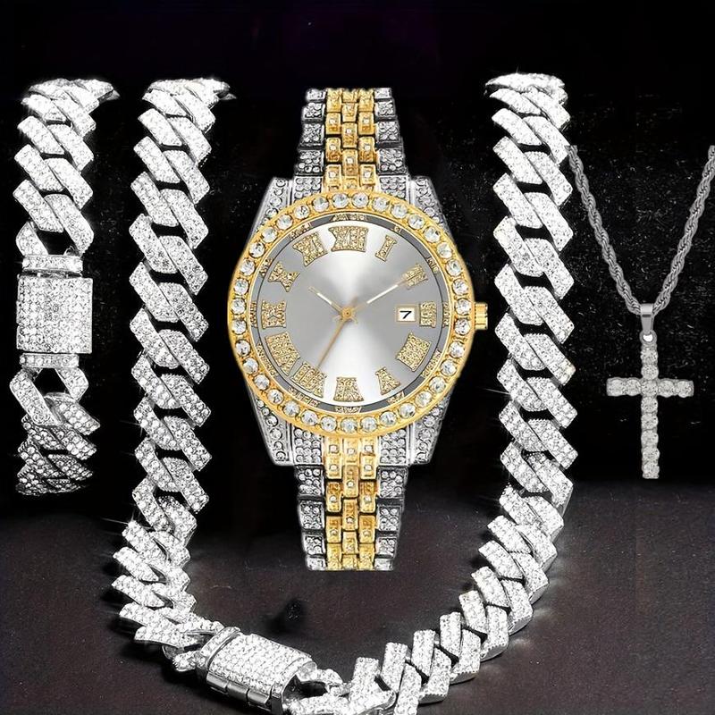 Men's Hip Hop Jewelry Set - Gold Quartz Watch with Rhinestone Bezel, 14mm Cuban Chain Necklace & Bracelet, Cross Pendant for Everyday Wear & Special Occasions