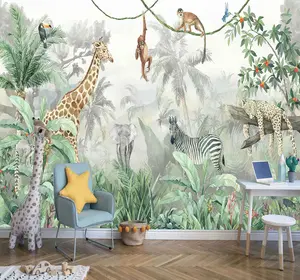 Kids Wallpaper Tropical Leves and Safari Animals Wall Mural for Wall Bedroom Living Room TV Background Sofa Wall (not self-adhesive)