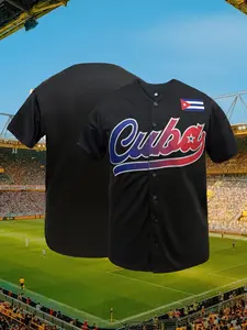 Men'S CUBA Embroidered Baseball Jersey Polyester Sports Jersey - Breathable V-Neck Short Sleeve Top for Casual, Party, Street, Outdoor, Baseball - Unisex-Adult Knit Fabric, Loose Fit, All-Season Workout Top