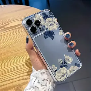Blue and white peony pattern, anti drop, anti slip, transparent TPU all inclusive lens phone protective case, suitable for iPhone 17, 16, 15, 14, 13, 12, 11 XS X and other series models, can be given as a gift to friends or family