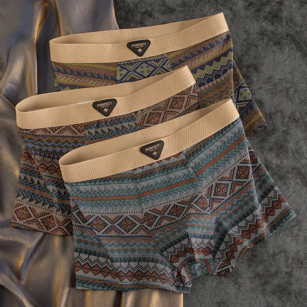 Chinese ethnic style underwear for men, breathable cotton flat corner pants, comfortable and trendy four corner pants, printed shorts, and a head