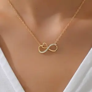 Golden Women's Necklace with Inlaid Infinity & Heart Pendant