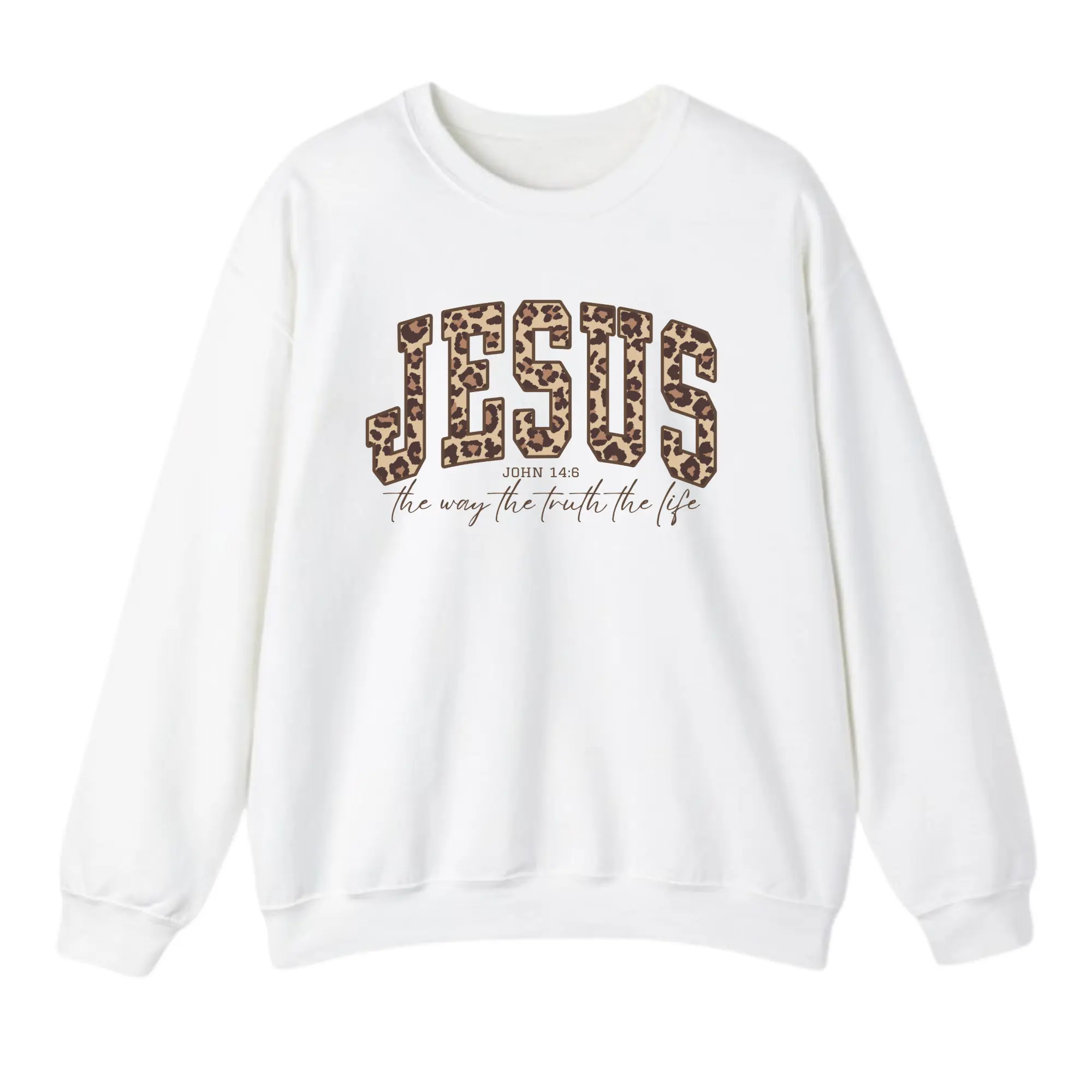 Christian Jesus Sweatshirt, Cheetah Print Bible Verse Shirt, Trendy Faith Apparel Gift, Jesus Loves You, The Way The Truth The Life