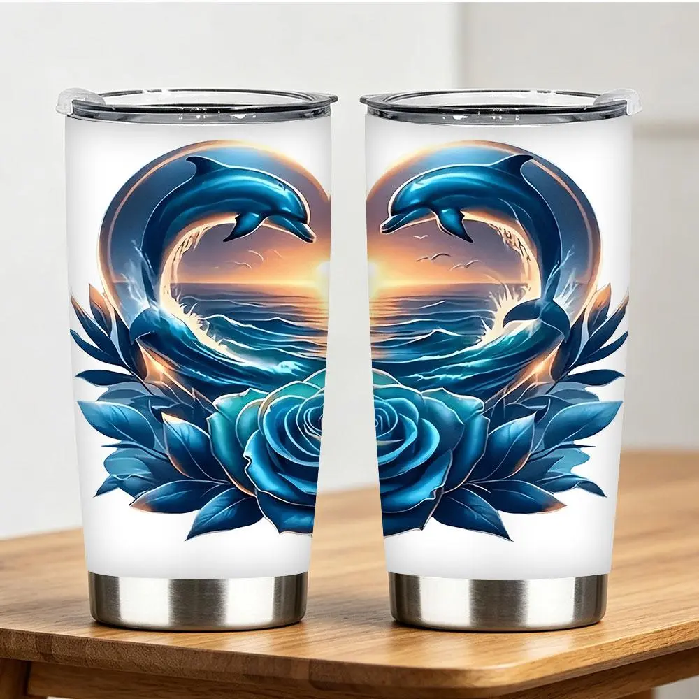 Heart-Shaped Dolphin Blue Rose Ocean Sunset Tumbler, Romantic Sea Animal Insulated Travel Cup, 1 pc, 12/18/20/22/30/40 oz, Holiday Gift for Lovers