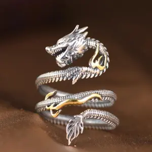 Buyee 925 Sterling Silver Unique Big Ring Elegant Chinese Dragon Open Ring Finger for Men Rock Punk Fine Jewelry Circle Gift
