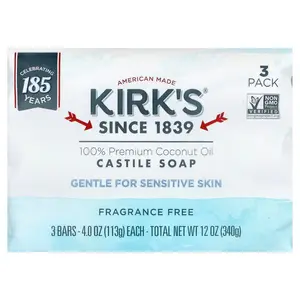 Kirk's 100% Premium Coconut Oil Castile Bar Soap, Fragrance Free, 3 Bars, 4 oz (113 g) Each
