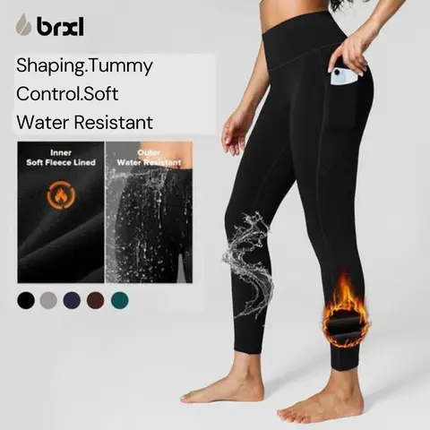 BRXL Women's High Waist Tummy Control Fleece Lined Sports Leggings - Water Resistant, Warm Insulated, Zip Pocket, Workout Shapewear, Plain Athleisure Wear, Booty Scrunch Pants for Women, Winter Outdoor Gym Use