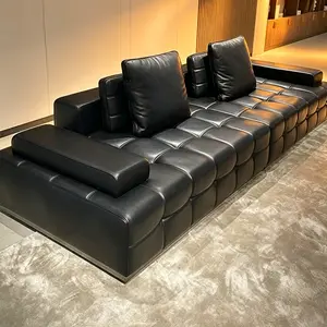 Italian Minimalist Square Grid Genuine Leather Sofa, 65D High Resilience Foam + Natural Latex Layer Support, Oversized Deep Seat Designer Straight Sofa for Villa