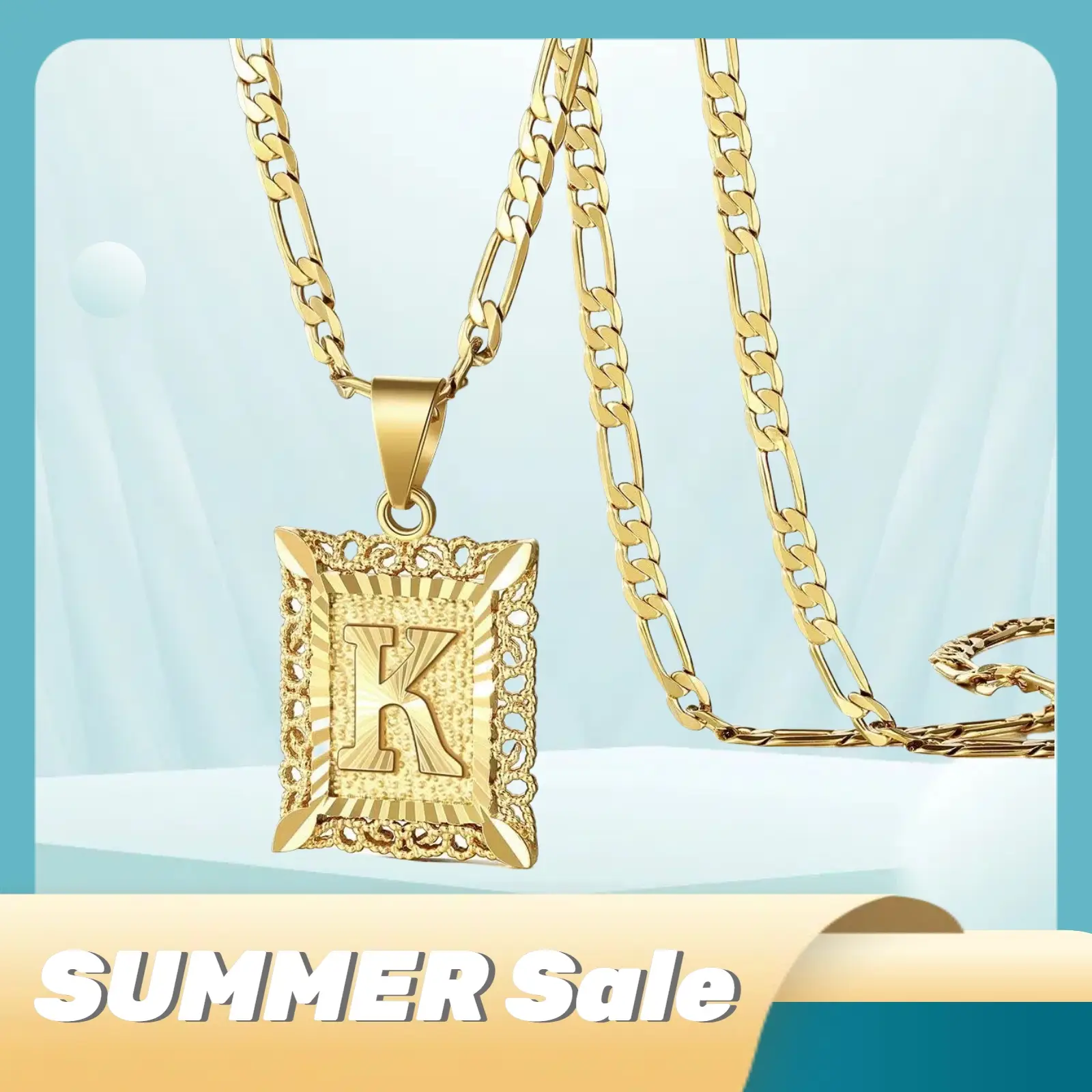 KissYan Initial Letter Pendant Necklace for Men & Women, 14K Gold Plated Alphabet Necklace on Figaro Chain, Elegant Design