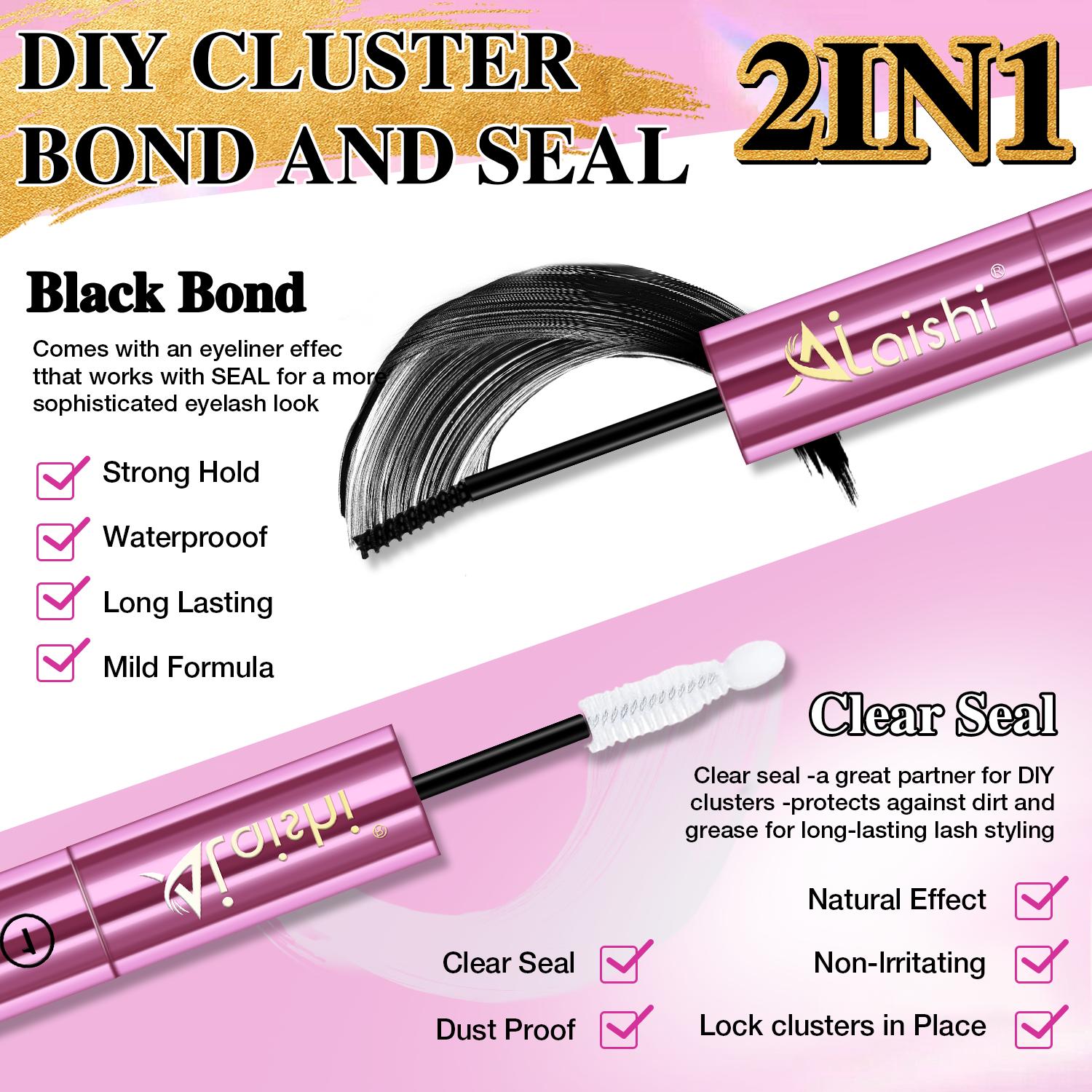 Ailaishi 2in1 Lash Bond & Seal Waterproof Glue Long Lasting Strong Hold for Cluster Lashes Easy Use for Beginners, Makeup Glue & Remover