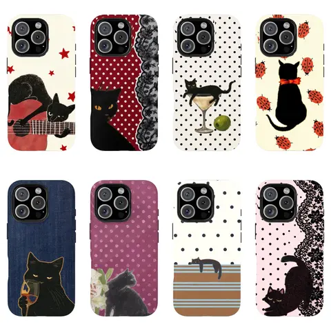 Vintage Black Cat Polycarbonate TPU Cellphone Casing - Aesthetic Smoking Night Vibes, Protection, Shockproof, Crash-Proof, Waterproof, Durable, Wireless-Friendly, Multi-Model for iPhone 11-17 Pro Max, Galaxy Devices, Lover Gift, Sohochic Phone Accessory