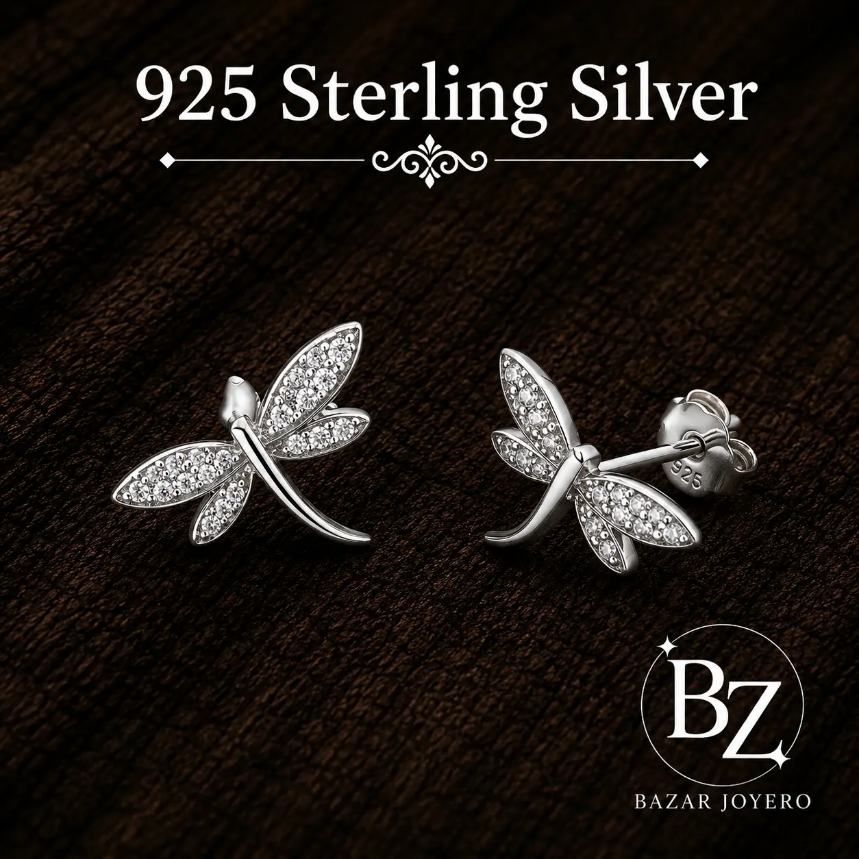 925 Sterling Silver Dragonfly Stud Earrings with Cubic Zirconia