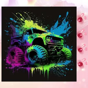 5D DIY Full Drill Round Diamond Painting - Diamond Art Painting Kit, Colorful, Monster Truck, Splatter Mosaic, Canvas - DIY Wall Decor, Home Wall Decoration, Suitable for Halloween and Christmas, Birthday and Anniversary Gifts