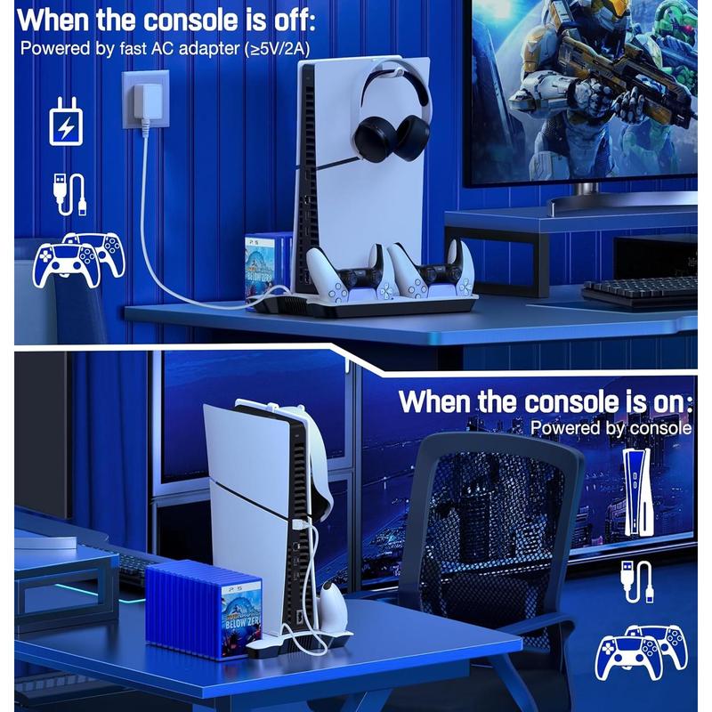 PS5 Slim Stand and Turbo Cooling Station with Dual Controller Charger Station for Playstation 5, PS5 Console Accessories with 3 Levels Cooling Fan 13-Game Organizer Headset Holder for PS5 Digital/Disc