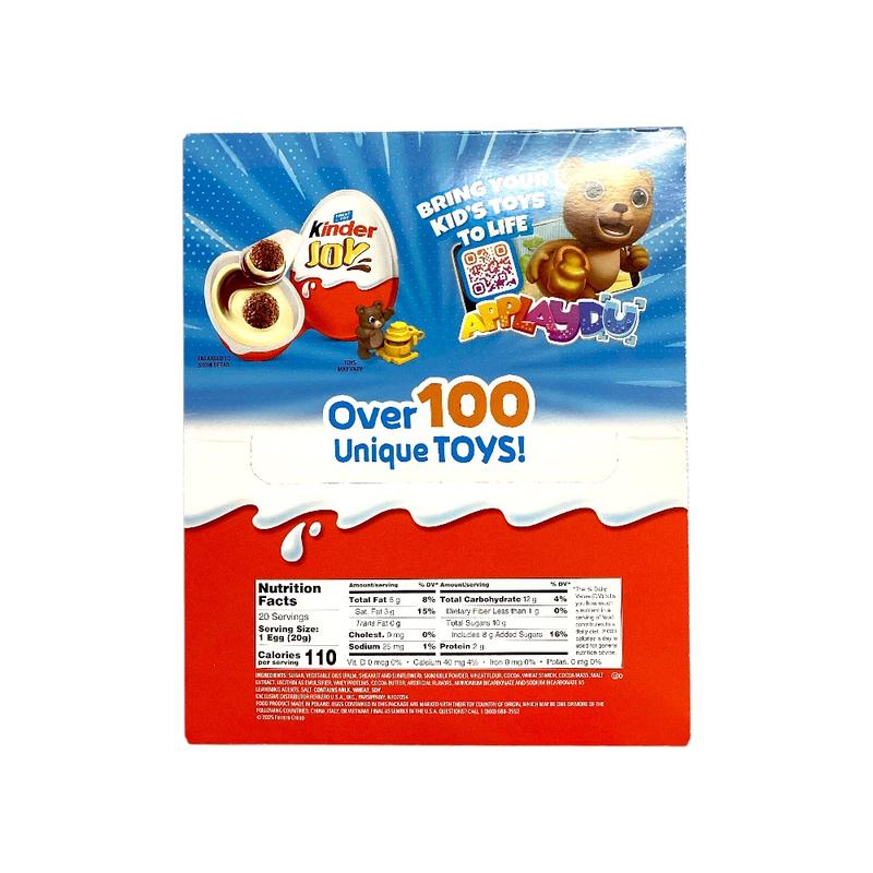 KINDER JOY EGG  CHOCOLATE CANDY & TOY  20 COUNT NET 0.7 OZ  SWEET CREAM TOPPED WITH COCOA WAFER BITES