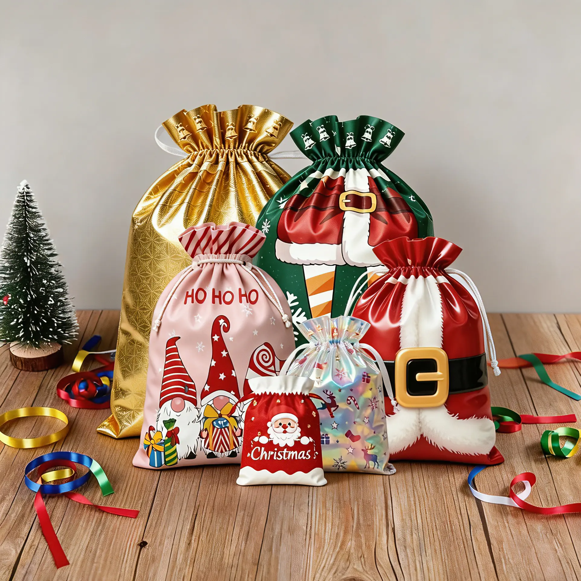 2026 New 54PCS Christmas Drawstring Gift Bags Set, Reusable Foil Gift Bags with Ribbon Ties, 6 Assorted Sizes & 18 Festive Designs, Xmas Gift Wrap Bags for Treats, Candy, Presents, Party Favors, Stocking Stuffers, Christmas Gift Wrapping & Party Supplies