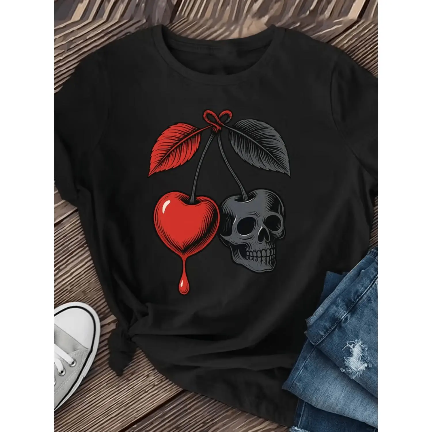 Casual Cherry And Skull Graphic Cotton T-Shirt for Women Featuring Red Fruit And Black Skull Design Comfortable Fit Suitable for Spring Summer And Fall Easy Care