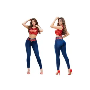 Premium Colombian jeans for women, in blue, without pockets, with a push-up effect that enhances the buttocks, a 5-button waistband, and a slim fit with a sexy and elegant design that accentuates curves. Beautiful jeans, denim.