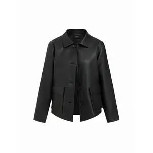 Cider Faux Leather Collar Long Sleeve Button Oversized Shacket