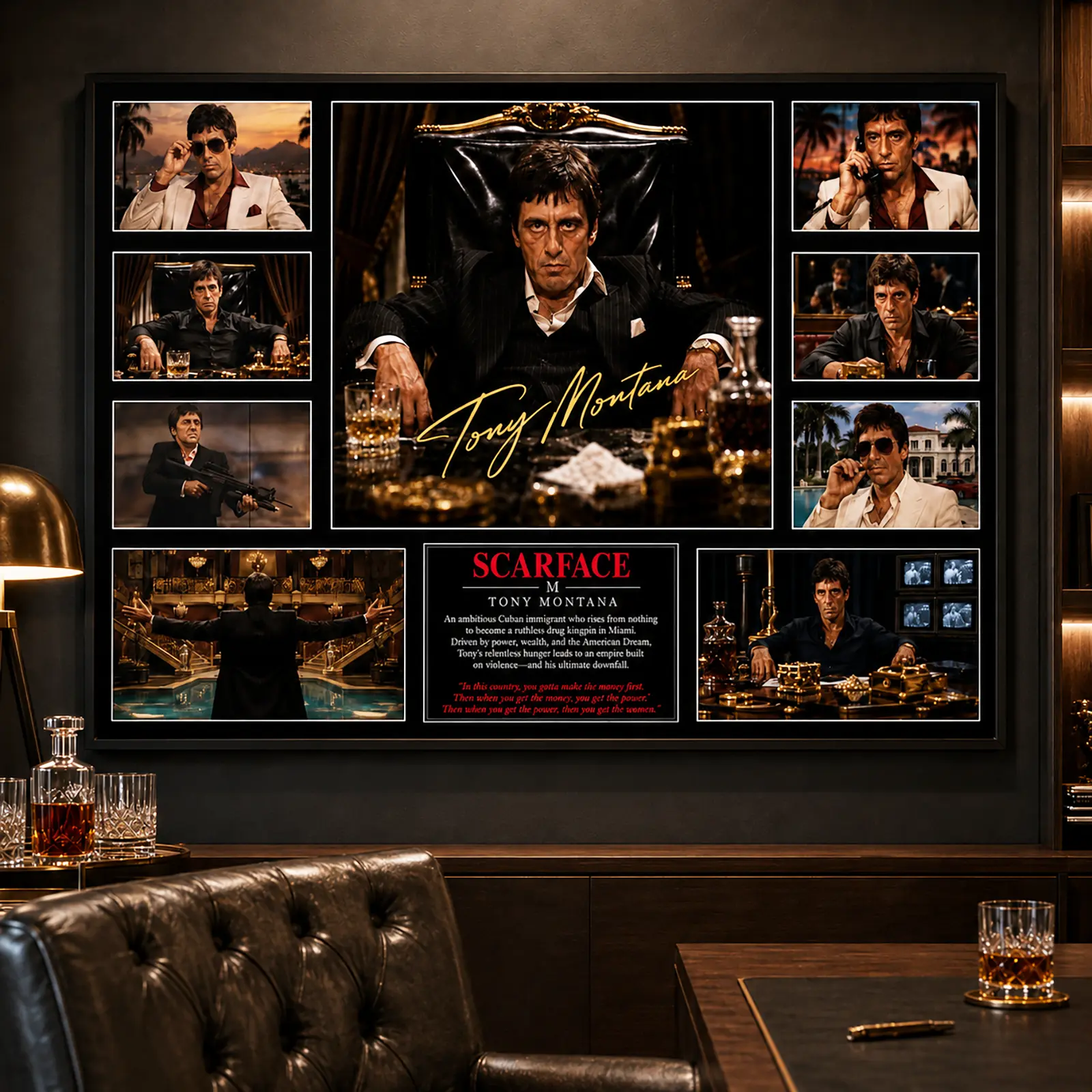 Tony Montana "Scarface" Cinematic Collage Framed Multi-Panel Canvas Wall Art Poster, Decorative Statement Piece for Bar, Man Cave Decor, Retro Home Decor for Movie Fans & Collectors