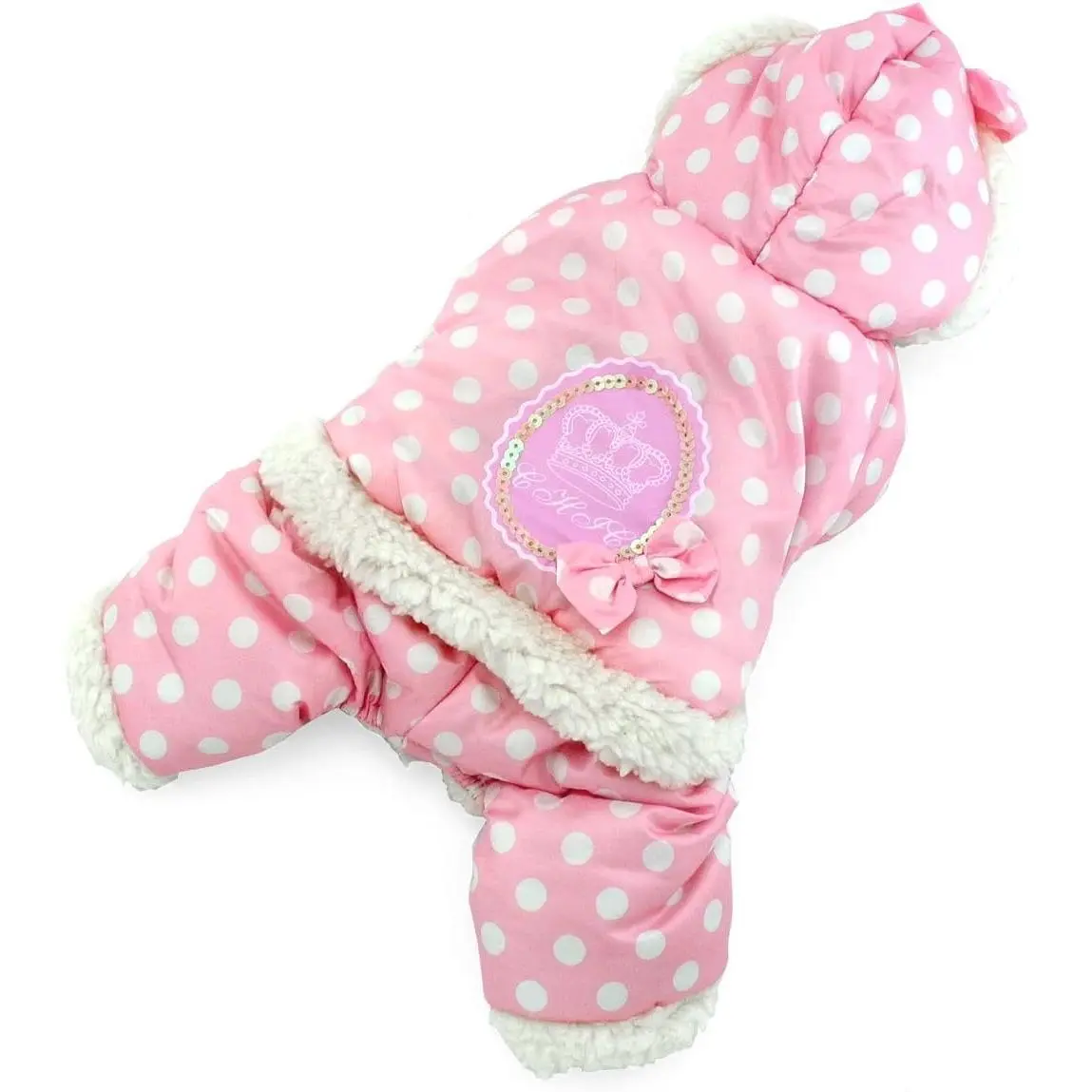 Polka Dots Hooded Warm Pet Fleece Jumpsuit Puppy or Cat Winter Snowsuit Small Dog Cat Coat Jacket Pjs Outfits Chihuahua Clothes Apparel Pink L