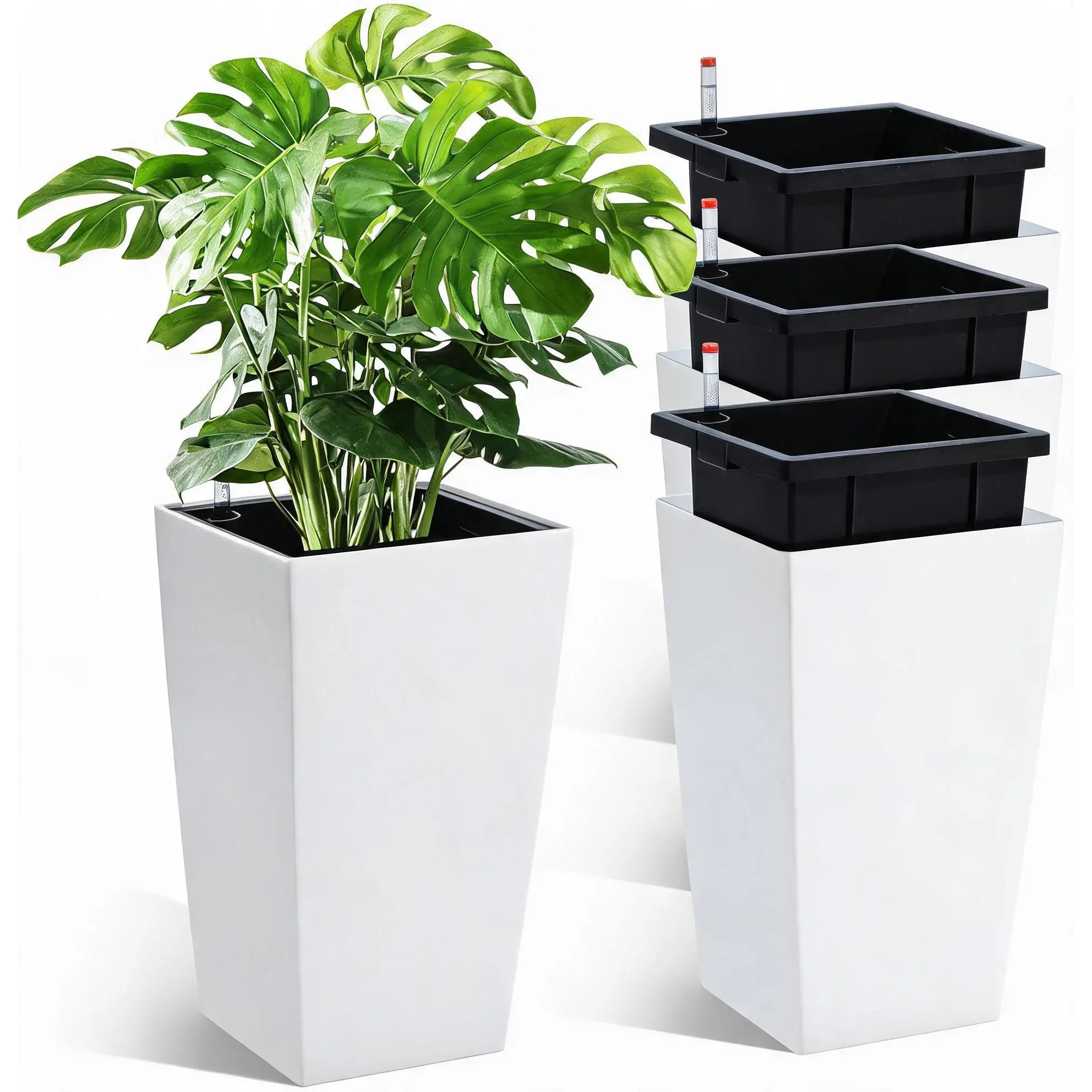Garvee Set of 4 Tall 16" Self-Watering Flower Pots for Indoor & Outdoor Plants – Modern Planters with Drainage Holes, Water Level gauge, Removable Inner Bucket – Ideal for Garden, Patio, Porch, Balcony, White