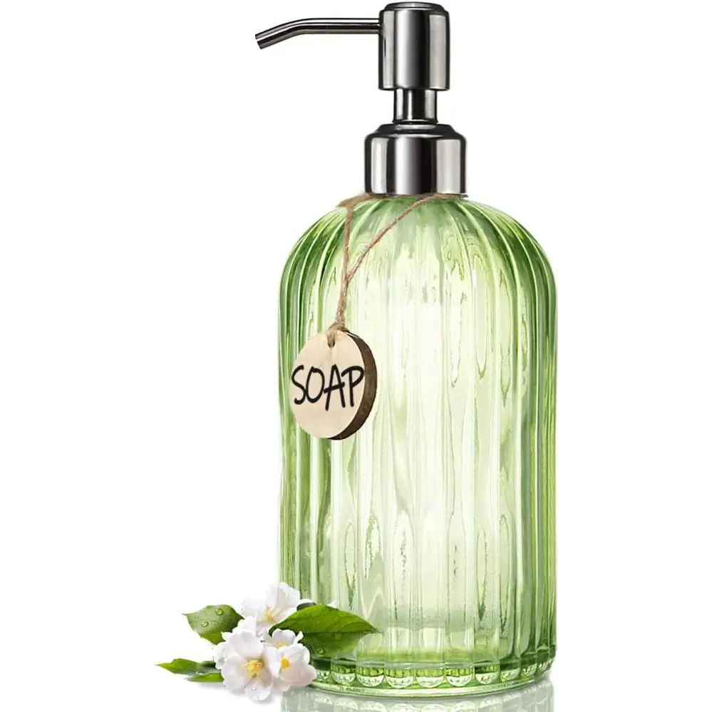 18 Oz Vertical Striped Green Soap Dispenser with 304 Rust Proof Stainless Steel Pump, Refillable Lotion Soap Dispenser for Bathroom, Kitchen, Hand Soap, Dish Soap (Clear Green)