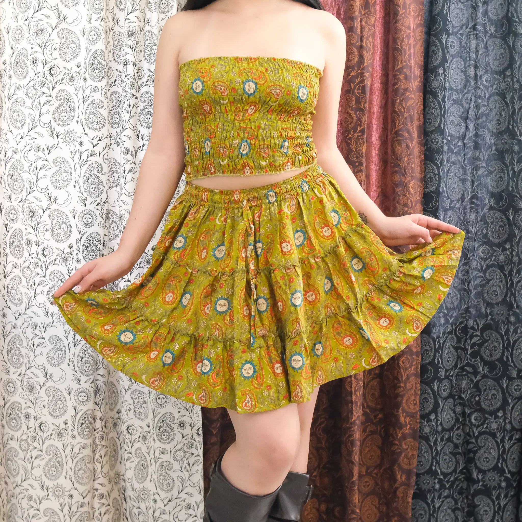Bohemian Paisley Co-Ord Set , Smocked Bandeau Top & Flowy Ruffle Mini Skirt Set, Festival Boho Skirt and Tube Top Set