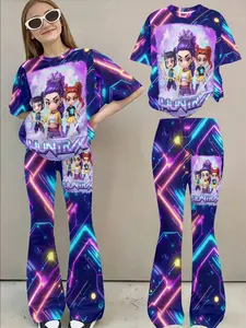 3D Full Print Anime Girl Group Set, Sweet Cool Hot Girl Short Sleeve Bell Bottom Pants Two Piece Set, Summer New Arrival, Fashion