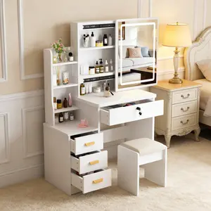 Women's white dressing table with mirror and lights, featuring 3 adjustable LED lighting modes, a vanity table set with a chair, ample storage space, suitable for women's bedrooms and bathrooms