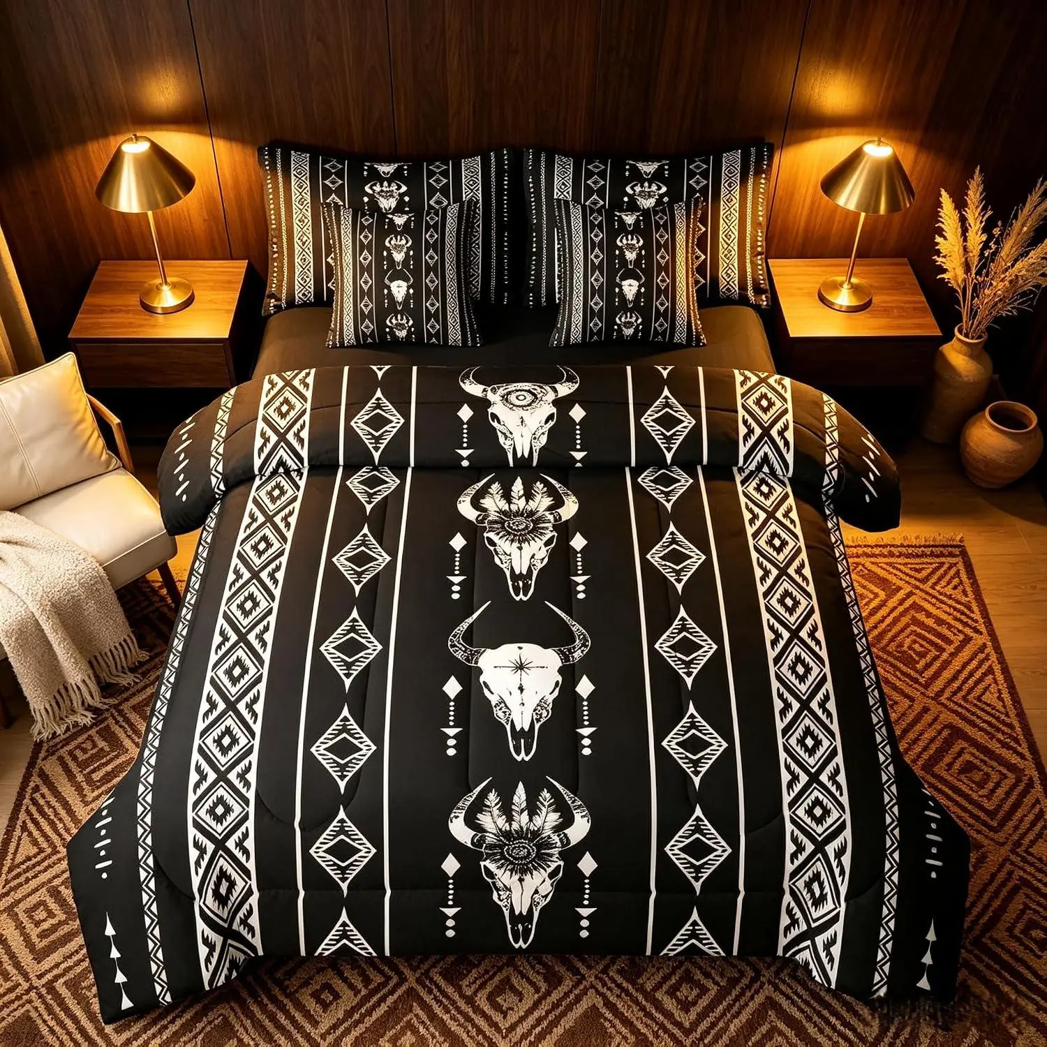 Men White Black Bull Skull Boho Comforter Set 7 Pieces | Ethnic Horns Bed in A Bag Bohemian Mysterious Bed Set Aztec Bedding