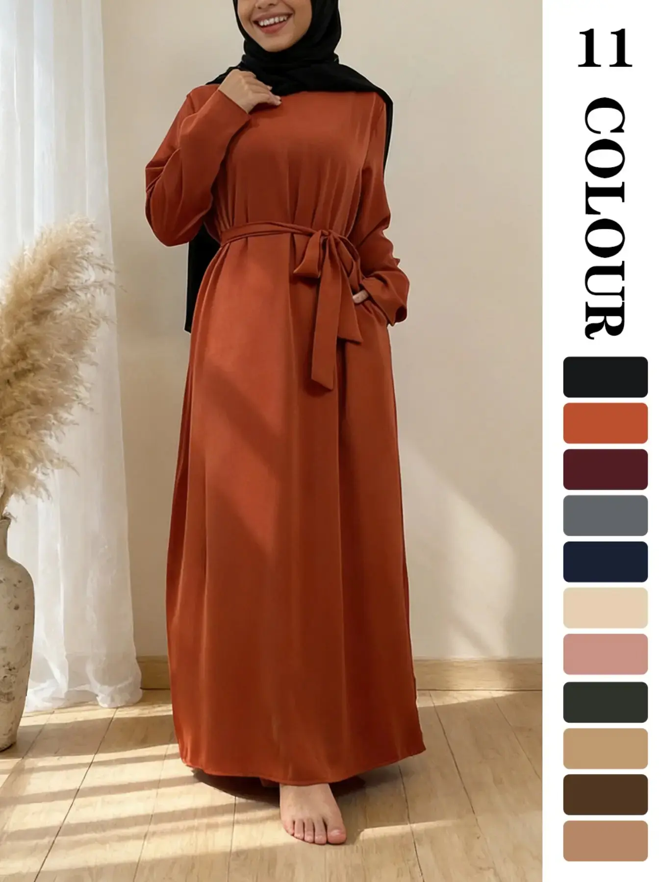 Muslim Sleepwear Modest Style Dress, Pure Color Nida Fabric Long Skirt [with Pockets] [Waist Belt Included] [11 Colors] [5 Sizes] Elegant Modest Islamic Clothing Ramadan Clothing [not included Hijab] Long Sleeve Dresses