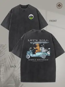 Men's & 's Heavyweight 230gsm Vintage Washed Cotton T-Shirt - Southern Golf Cart & Golden Retriever Print with "Let's Roll" & "Simply Southern" Slogan, Casual Short Sleeve Round Neck Tee for Retro Y2K Style, Golf Outings & Gifts vintage t-shirt casual men