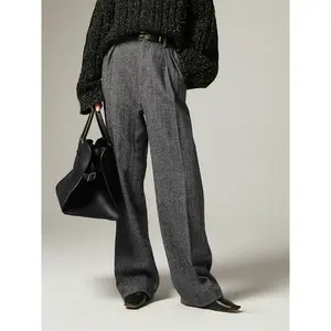 Women’s Autumn–Winter Elegant Commuter Wide-Leg Pants, Thick Plaid Wool Straight-Leg Trousers, Elastic Waistband Design, Fashionable for Fall and Winter