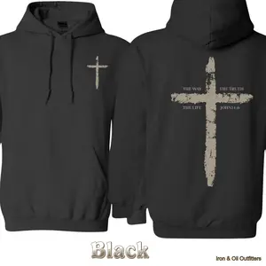 John 14:6 Christian Hoodie - Distressed Cross Graphic With The Way The Truth The Life Quote , Bible Verse Faith Hoodie , Religious Unisex Pullover , Comfortable Everyday Wear , Gift For Believers