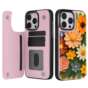 Colorful Flower Plush Pattern Design Leather Card Holder Phone Case,for iPhone 17 Pro Max Phone Case 17 Air 16 15 Plus 14 13 12 , Samsung Galaxy S25 ULTRA FE Plus S22 S23 FE S24 Plus