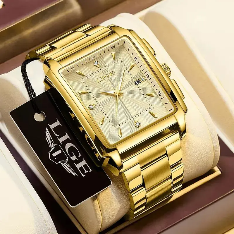 LIGE Men's Luxury Gold-Tone Stainless Steel Square Quartz Watch with a Numberless Dial, Auto Date, and Luminous Hands, Push Button Clasp
