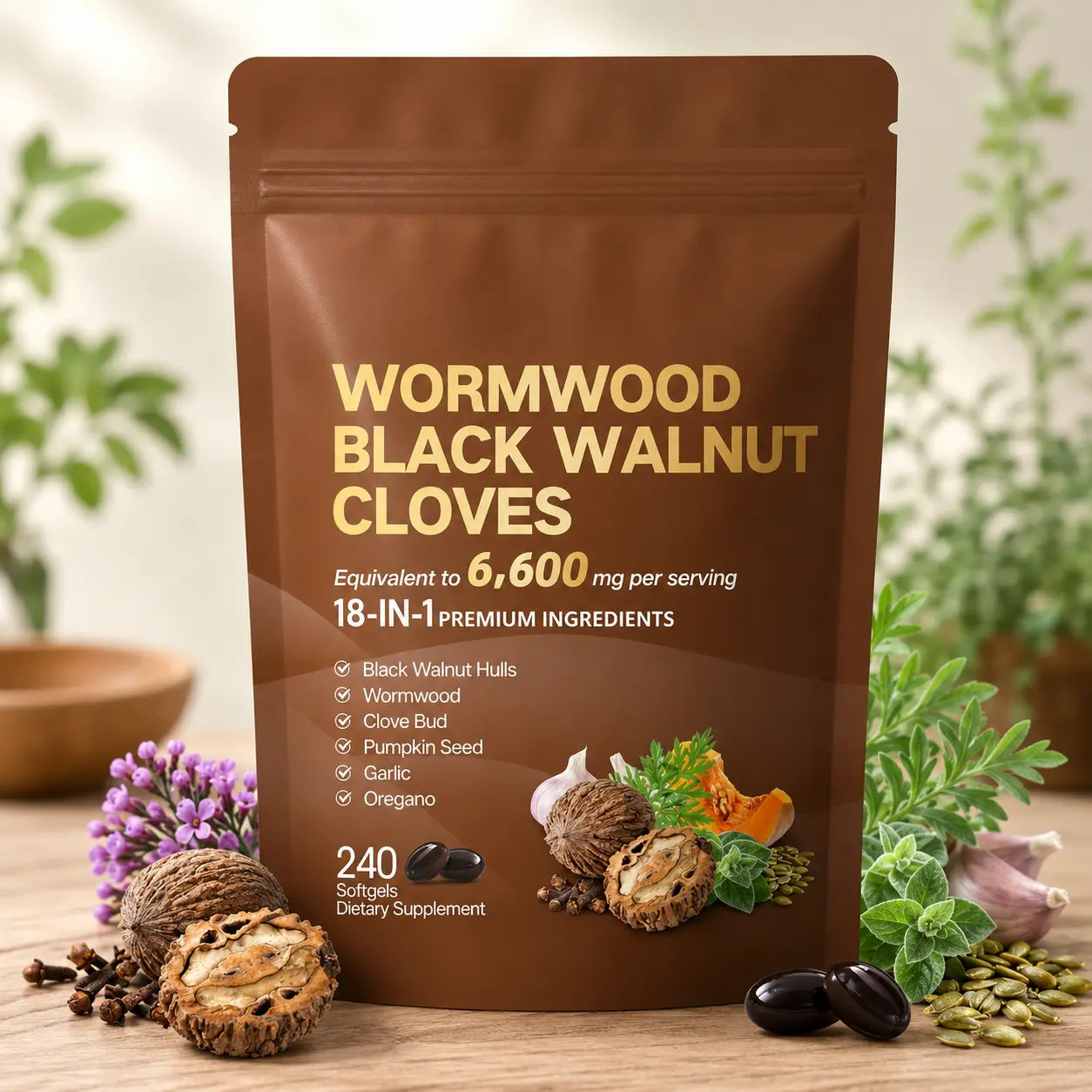 Wormwood Black Walnut Clove Softgels,18-in-1 Herbal 6600mg Gut Cleanse,240 Count