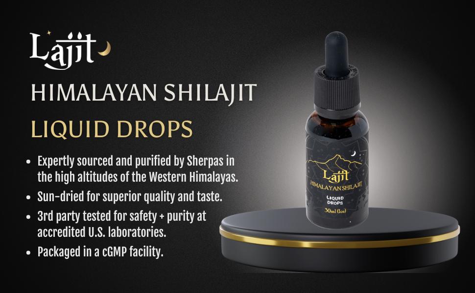 Lajit Himalayan Shilajit Liquid Drops - Gold Grade Organic Shilajit - Sourced by Sherpas at 18k Feet - Sun dried and Lab Tested for Purity and Safety