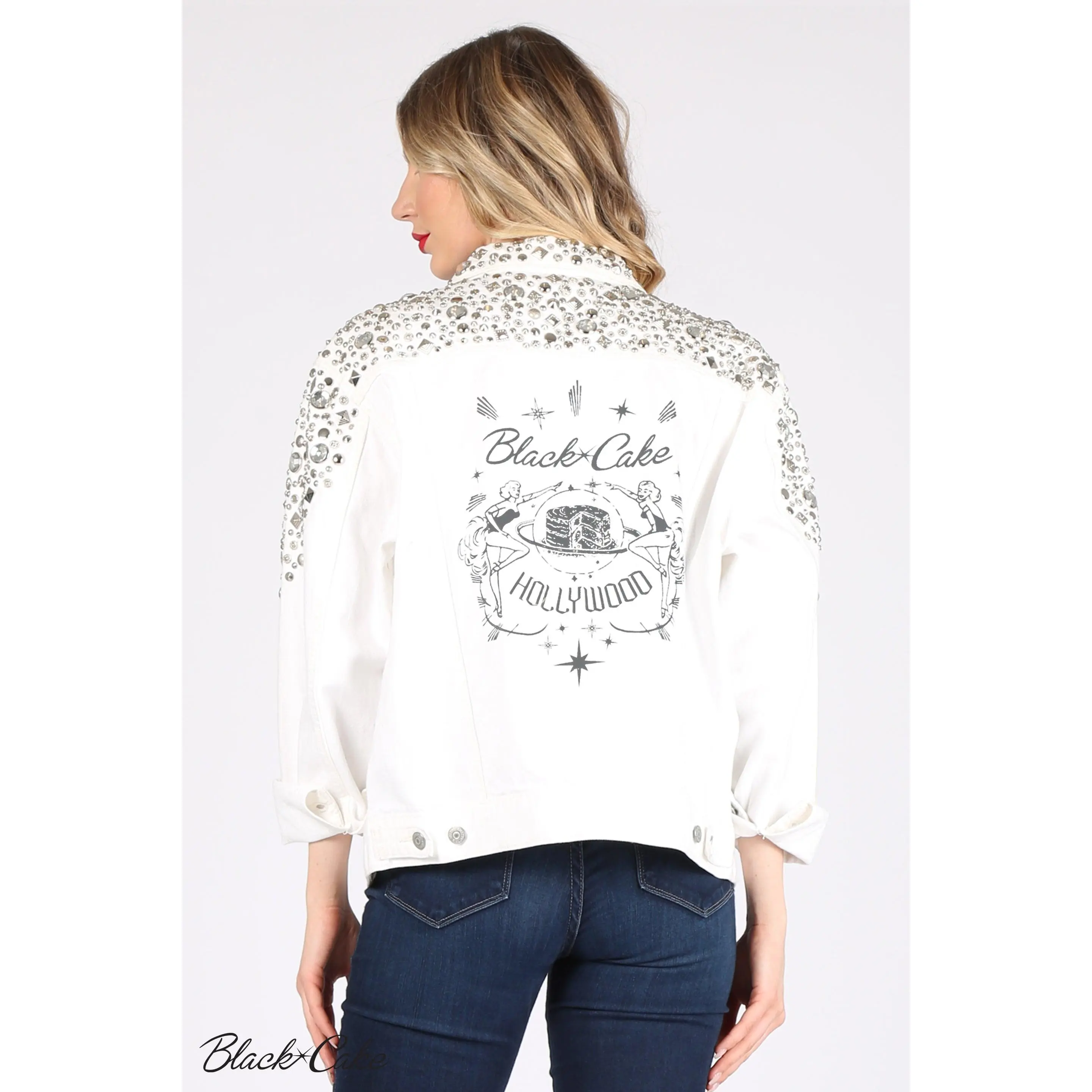 White Upcycled Rhinestone Studded Black Cake Hollywood Logo Jean Jacket by Black Cake Clothing
