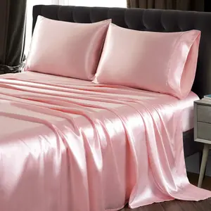 3Pcs Satin Sheet Twin Size Ultra Silky Blush Pink Satin Twin with Deep Pocket, 1 Sheet, 1 Flat Sheet, 1 Envelope Closure Pillowcases