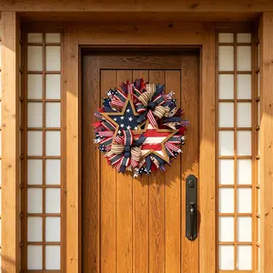 Classic Tri Tonal Star Striped Wreath Independence Day decorations, door decorations and Iconic Banner Pattern Door Hanging Festive Welcome Fabric Trim Textured Front Porch Display Decor for Active Seasonal Social Gathering