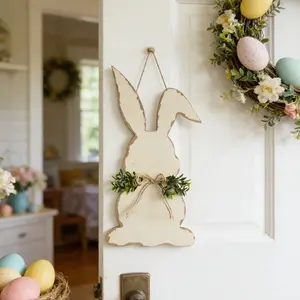 Minimalist Easter Bunny Hanging Decor - Rustic Wooden Rabbit Silhouette with Greenery Accent, Perfect Easter Gift for Home Wall Door Decoration