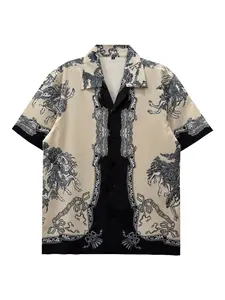 Vintage Horse Pattern Print Shirt, Menswear, Casual Fitted Short Sleeve, Tropical Hawaiian Style, Summer Vacation Wear, Artistic Fashion, Artistic Flair