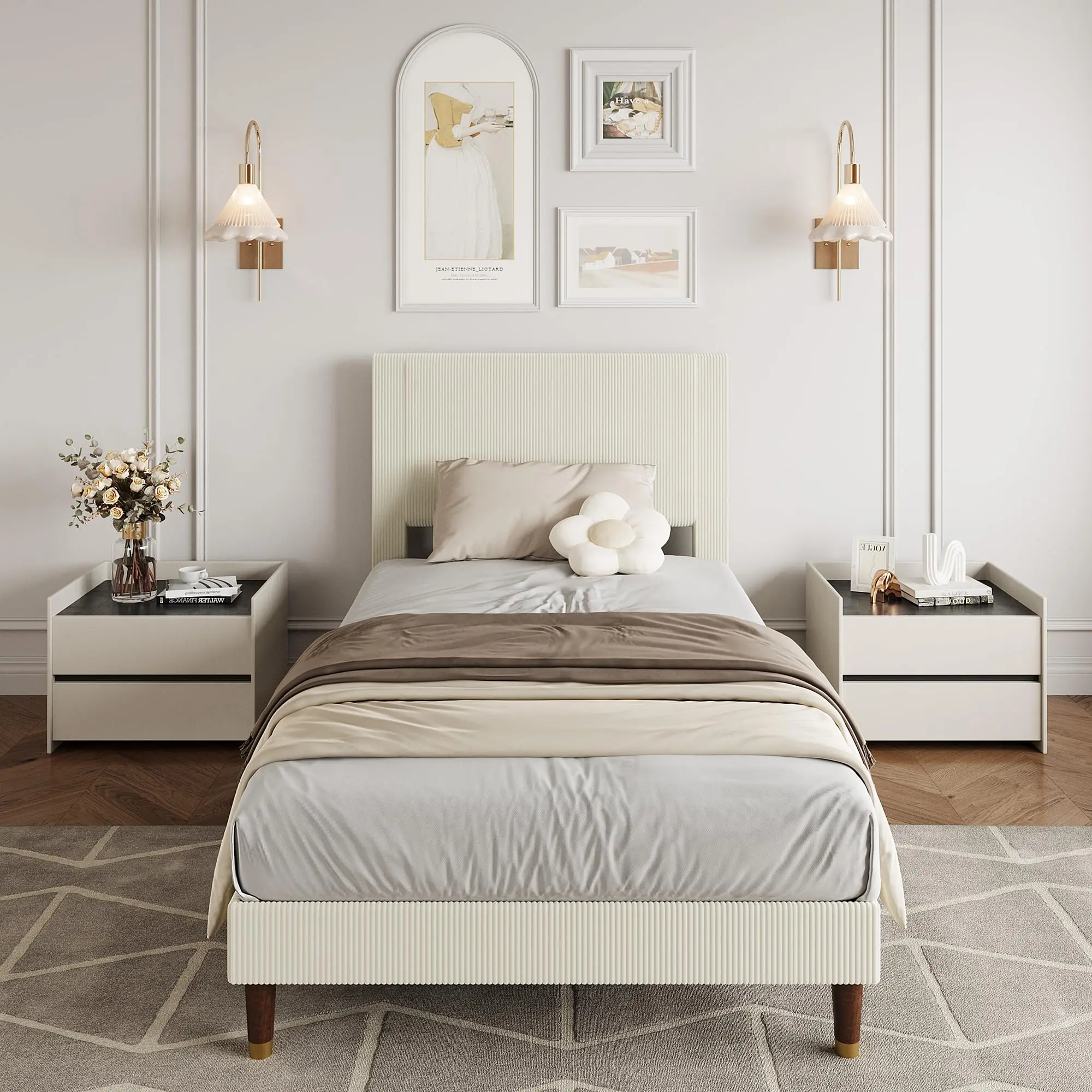 Garvee Corduroy Upholstered Platform Bed Frame with Headboard – Wooden Slats, Noise-Free, Modern Low Profile, Easy Assembly – Twin Size, Light Beige