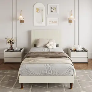 Garvee Corduroy Upholstered Platform Bed Frame with Headboard – Wooden Slats, Noise-Free, Modern Low Profile, Easy Assembly – Twin Size, Light Beige