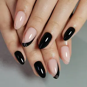 Curvlife short almond striped Fake Nails glitter black glossy shiny 2 Week Wear Damage Free