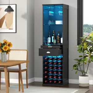 65'' Tall Black Wine Bar Cabinet with LED Lights,Coffee Bar Cabinet with 24 Wine Rack & Glass Holder,Kitchen Storage Cabinet with Tray & Drawer & Adjustable Shelf,Freestanding Liquor Cabinet